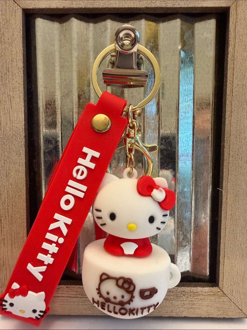 Hello Kitty Red and White Silicone Keychain with Cup Charm